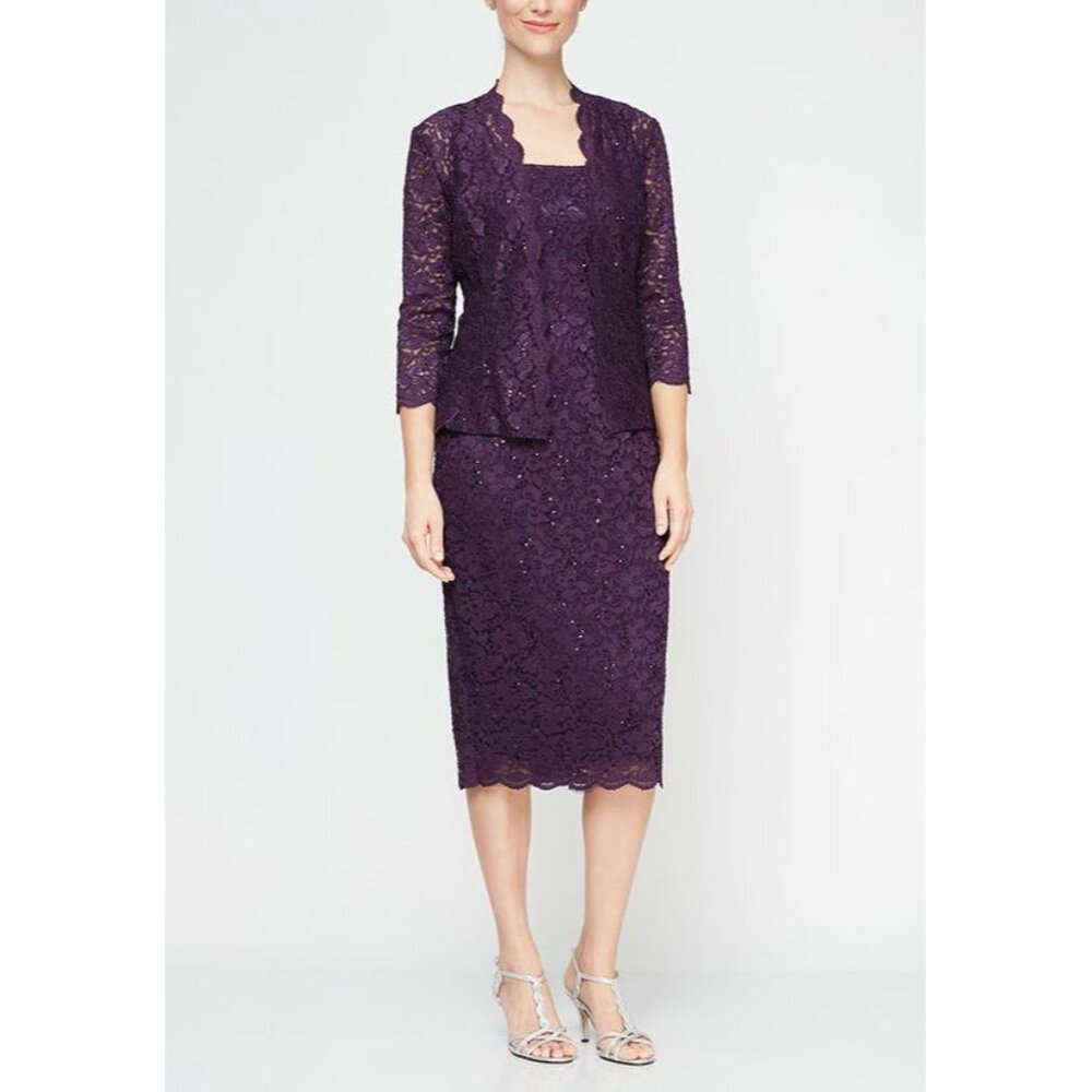 NEW SLNY Womens‎ 14 Eggplant 2 Piece Lace Dress Jacket Set Sequin Accents Formal
